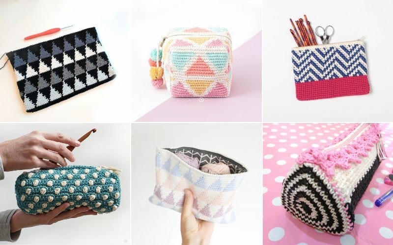 Six pretty crocheted zipper pouches in various colors and patterns, displayed in a grid.