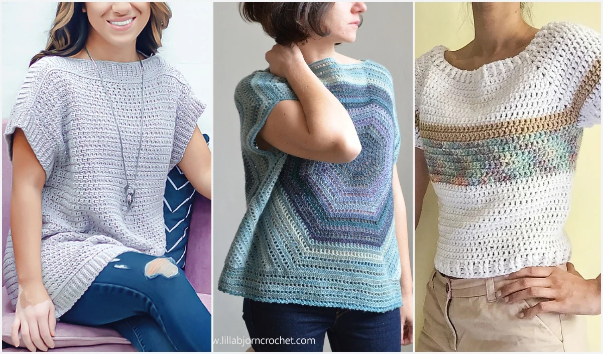 Three women showcase crochet summer sweaters: one in a delicate light purple, another flaunting a vibrant multicolored hexagonal pattern, and the last in crisp white accented with a lively multicolored stripe.