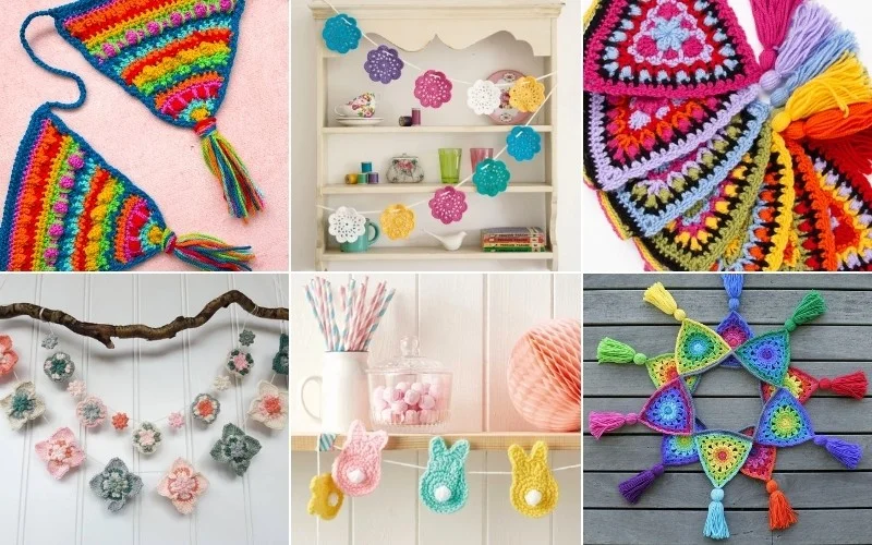 A collage of colorful crochet decorations, featuring vibrant crochet buntings, flowers, and animal shapes, displayed on walls and shelves.