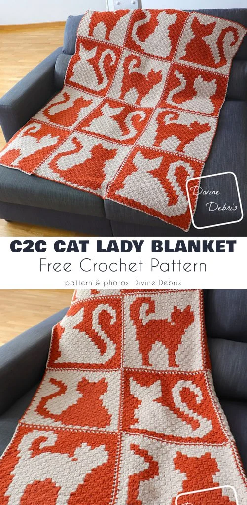 A Crochet Cat blanket featuring orange and cream cat silhouettes arranged in squares is draped over a couch.