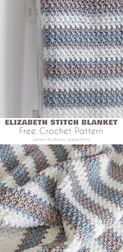 A close-up of a crochet blanket in brown, white, and blue stripes, shown folded and draped alongside a playful Crochet Cat, with text about the Elizabeth Stitch Blanket free crochet pattern.