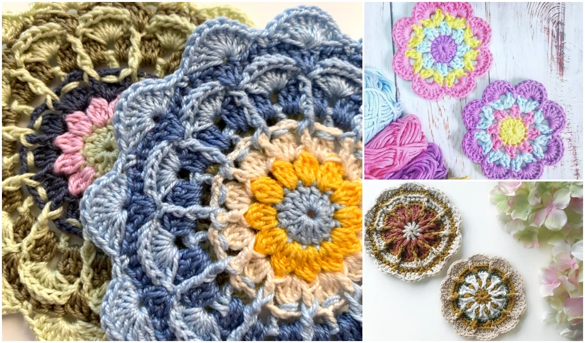 A vibrant collage featuring various colorful crochet mandala patterns, showcasing the intricate designs perfect for crafting beautiful mandala coasters.