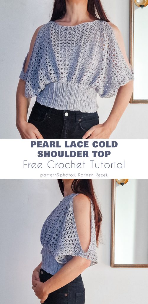 Woman wearing a light grey crochet cold shoulder top with lace details, paired with black pants; text overlay reads โPearl Lace Crochet Summer Top Free Crochet Tutorial.โ.