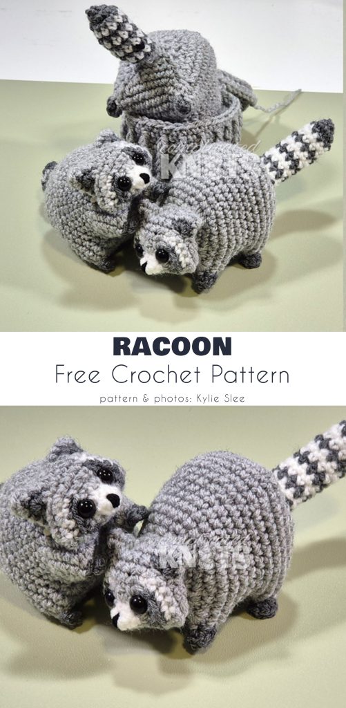 Three gray crocheted raccoons with black and white striped tails are displayed on a plain surface, accompanied by a charming crochet cat to complete the adorable handmade collection.
