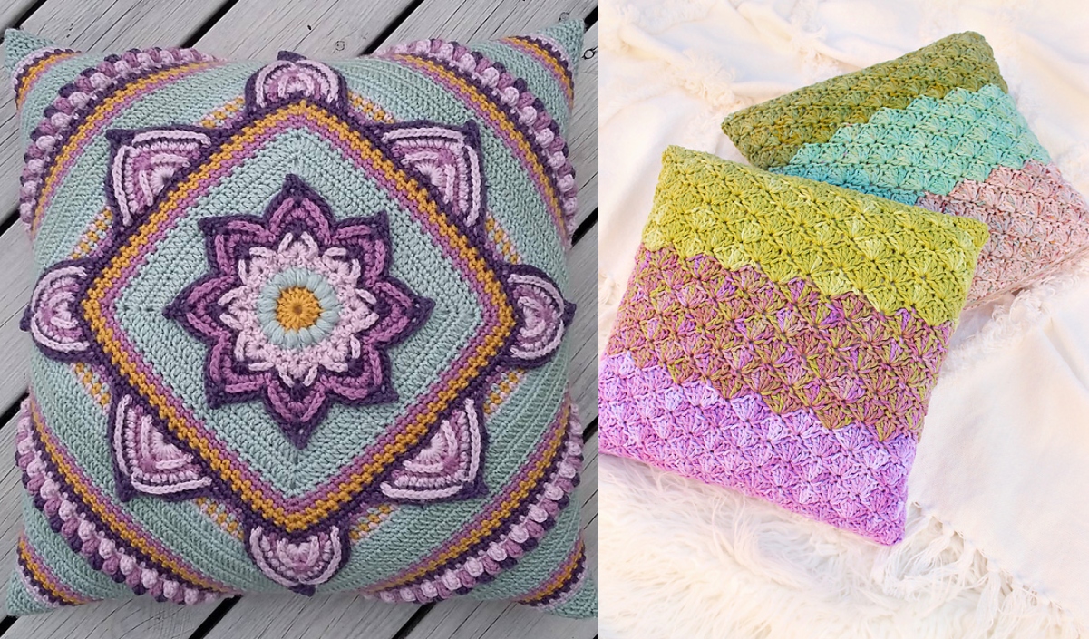 Two crochet pillows: one features a central floral pattern in purple and green, while the other boasts a multicolored chevron design in green, pink, and gold. Explore these crochet pillow free patterns for your next creative project.