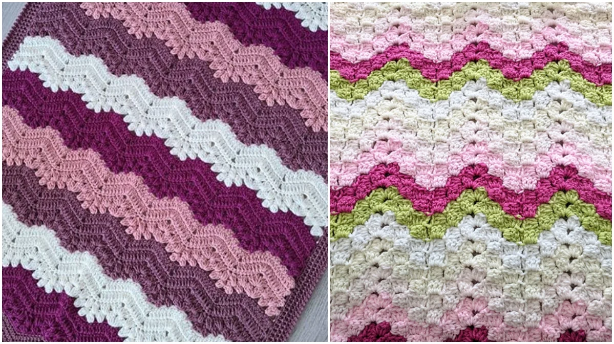 Two ripple-stitched crochet blankets with zigzag patterns in shades of purple, pink, cream, and green, featuring intricate stitch designs.