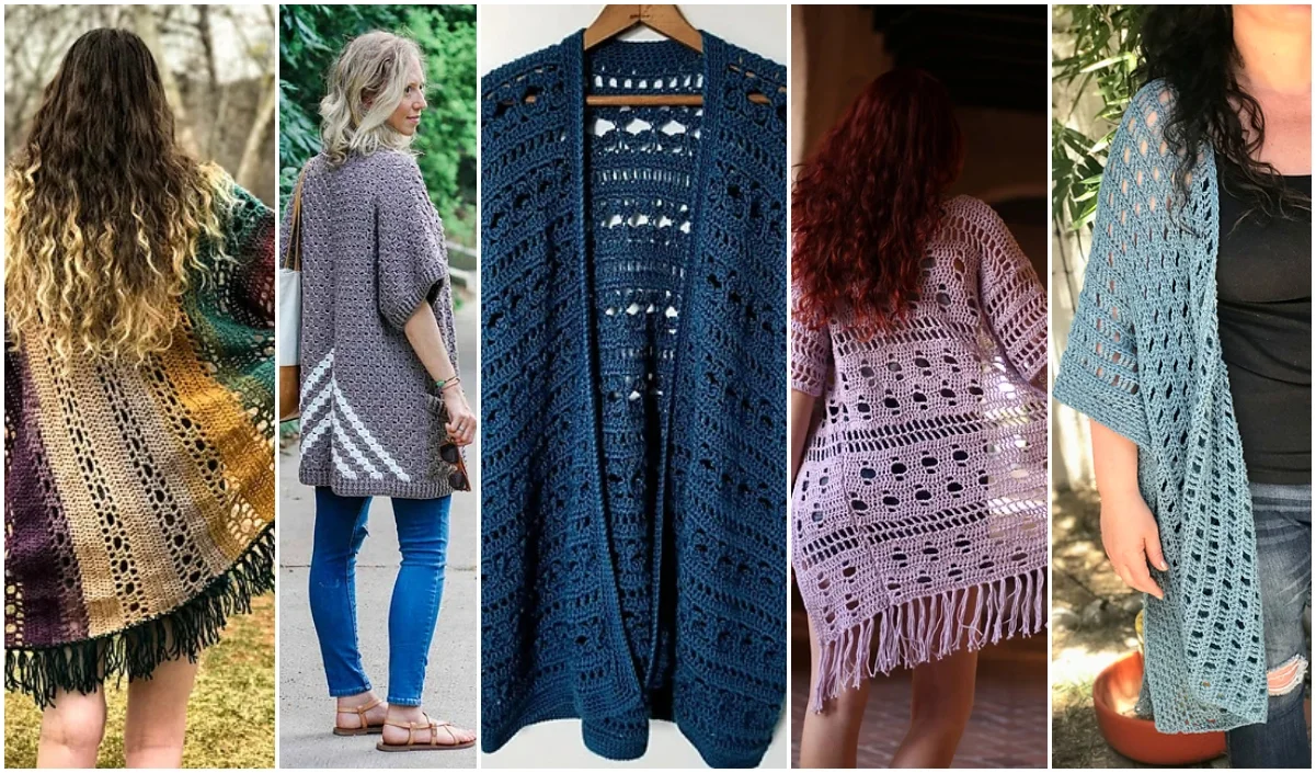 Five crocheted cardigans, including the best kimono style, in various patterns and colors are displayed on different people and a hanger.