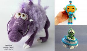 Amigurumi alien in a UFO, a crocheted purple dragon, and a colorful robot create an enchanting ensemble.