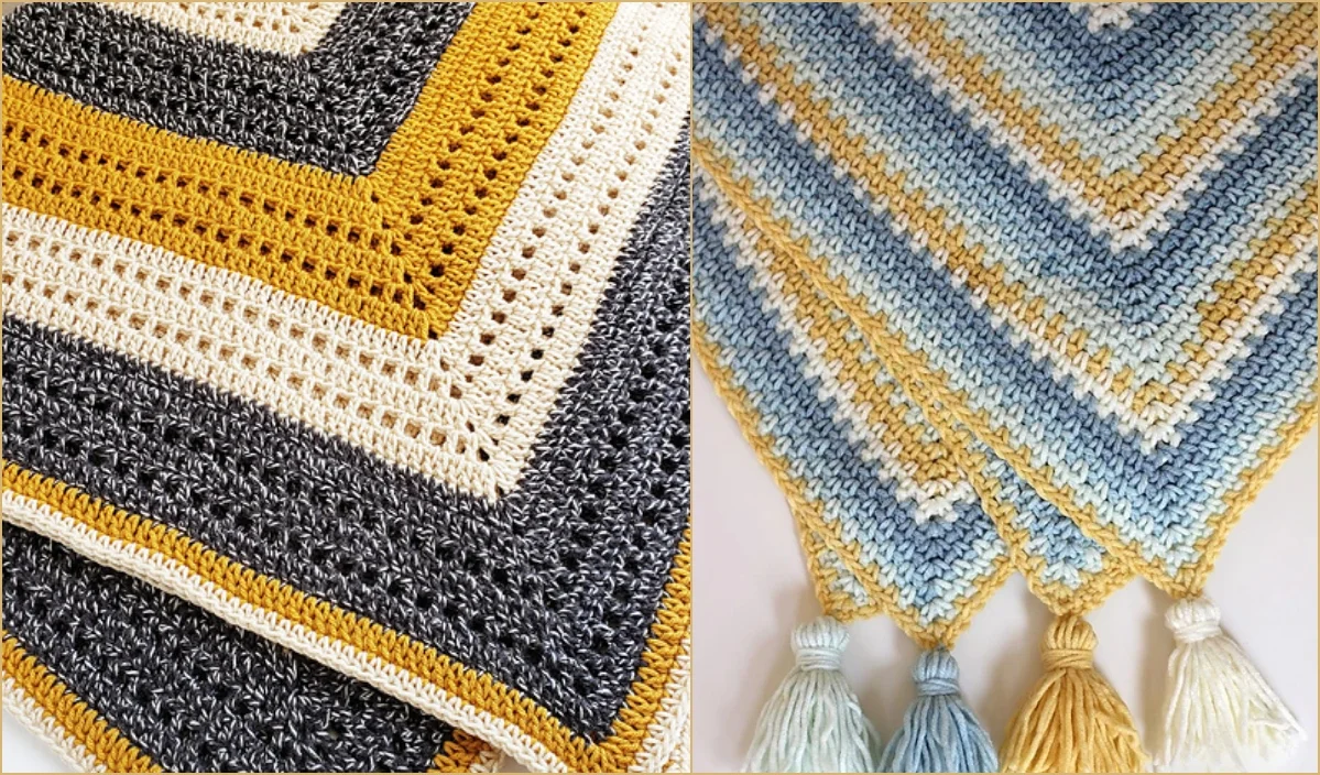 Two crocheted blankets are displayed: one features mustard, gray, and cream stripes; the other showcases blue, beige, and cream stripes with tassels at the corners. The intricate crochet patterns bring a touch of elegance to these cozy blankets.