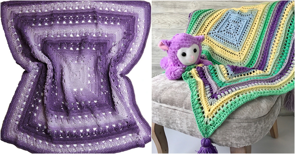 Two crocheted blankets: one in shades of purple with intricate patterns, and a vibrant square baby blanket in purple, green, blue, and yellow hues with a crochet toy placed on a chair.