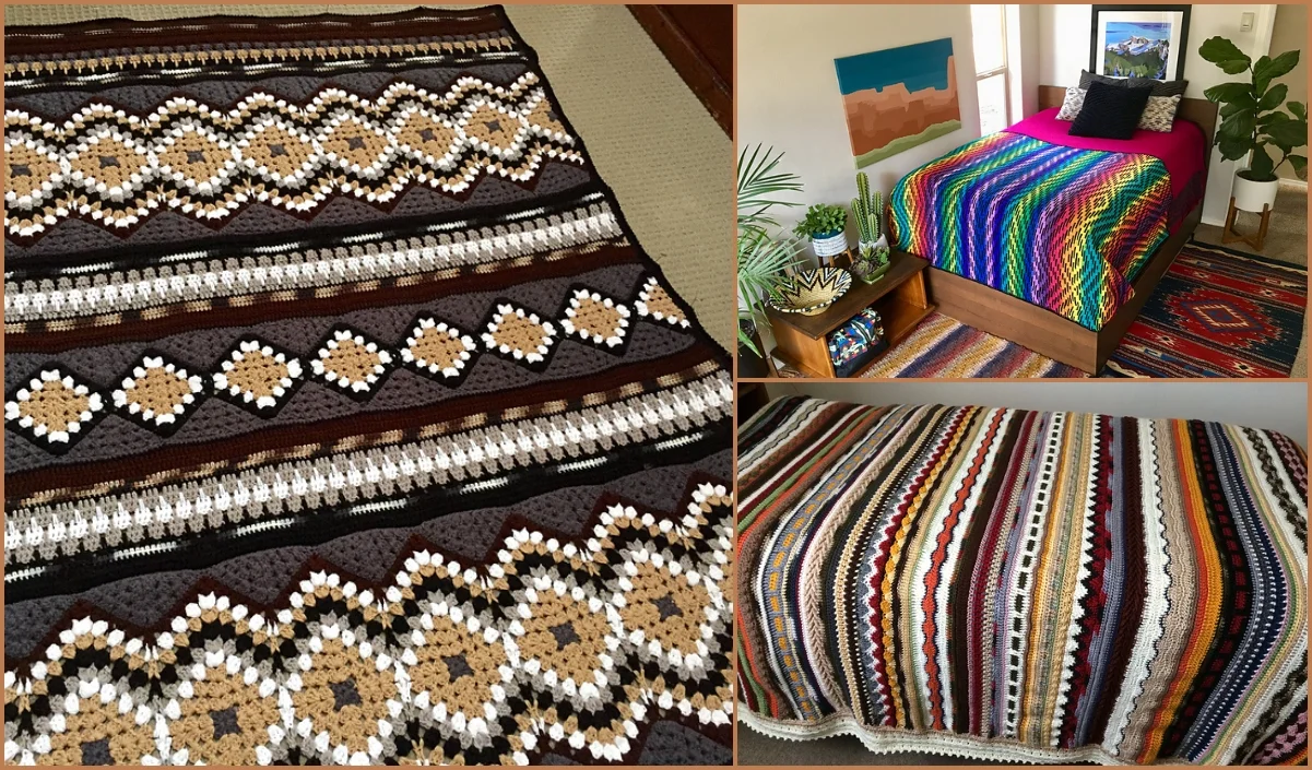 Three images showcase Southwest-inspired crochet blankets with geometric patterns, vibrant colors gracing beds and floors.