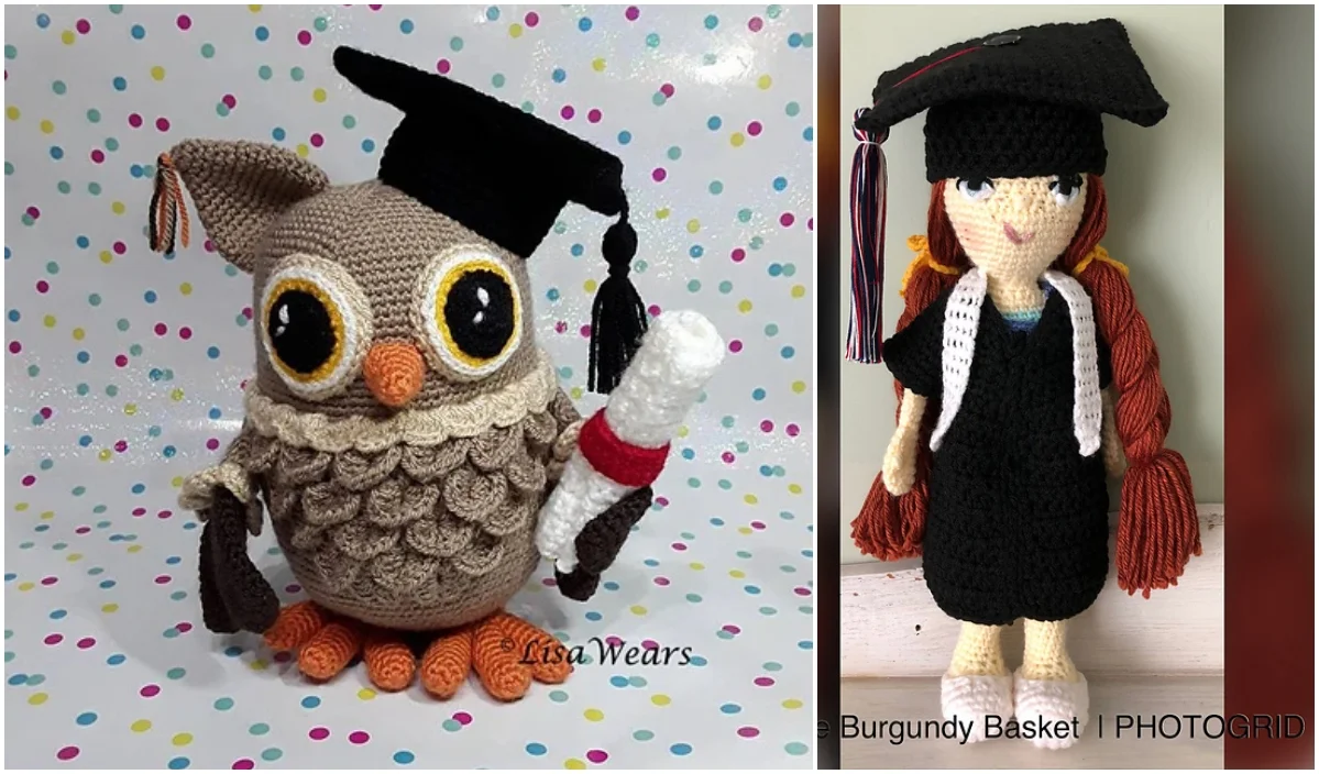 Celebrate the grads with these adorable crocheted creations: an owl and a doll both donning graduation caps and gowns. The owl proudly holds a diploma, while the doll, with her long hair and white stole, embodies cute ideas for commemorating this special milestone.