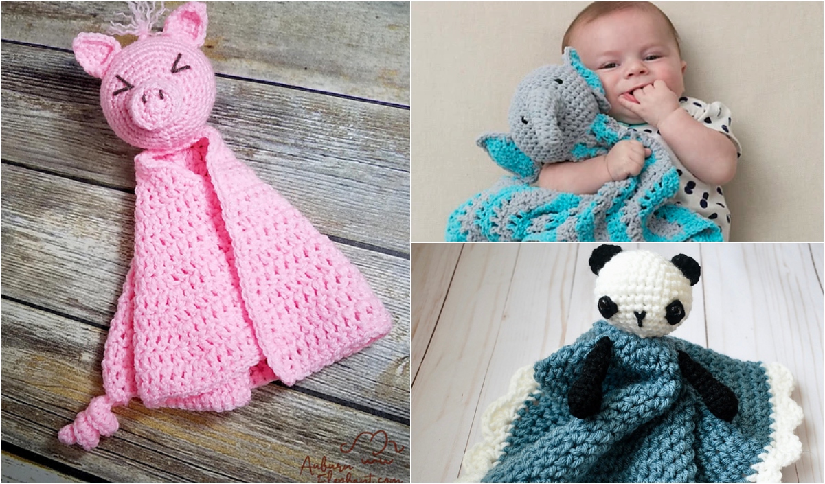 A delightful collage of crochet lovey animal baby blankets: a pink pig, a child cuddling with a gray elephant, and an adorable panda.