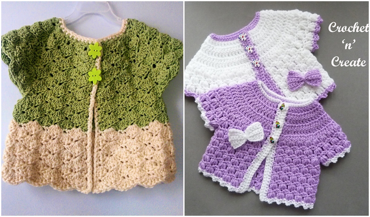 Two images of adorable baby short sleeve coats. Left: Green and beige cardigan adorned with flower buttons. Right: Two charming cardigans in purple and white, one featuring a delicate bow.