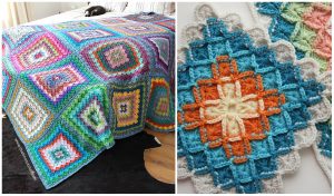 A colorful Bavarian Style Blanket with geometric patterns adorns a bed, accompanied by a close-up of three crochet squares in blue, orange, and cream tones.