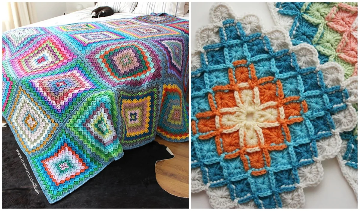 A colorful Bavarian Style Blanket with geometric patterns adorns a bed, accompanied by a close-up of three crochet squares in blue, orange, and cream tones.