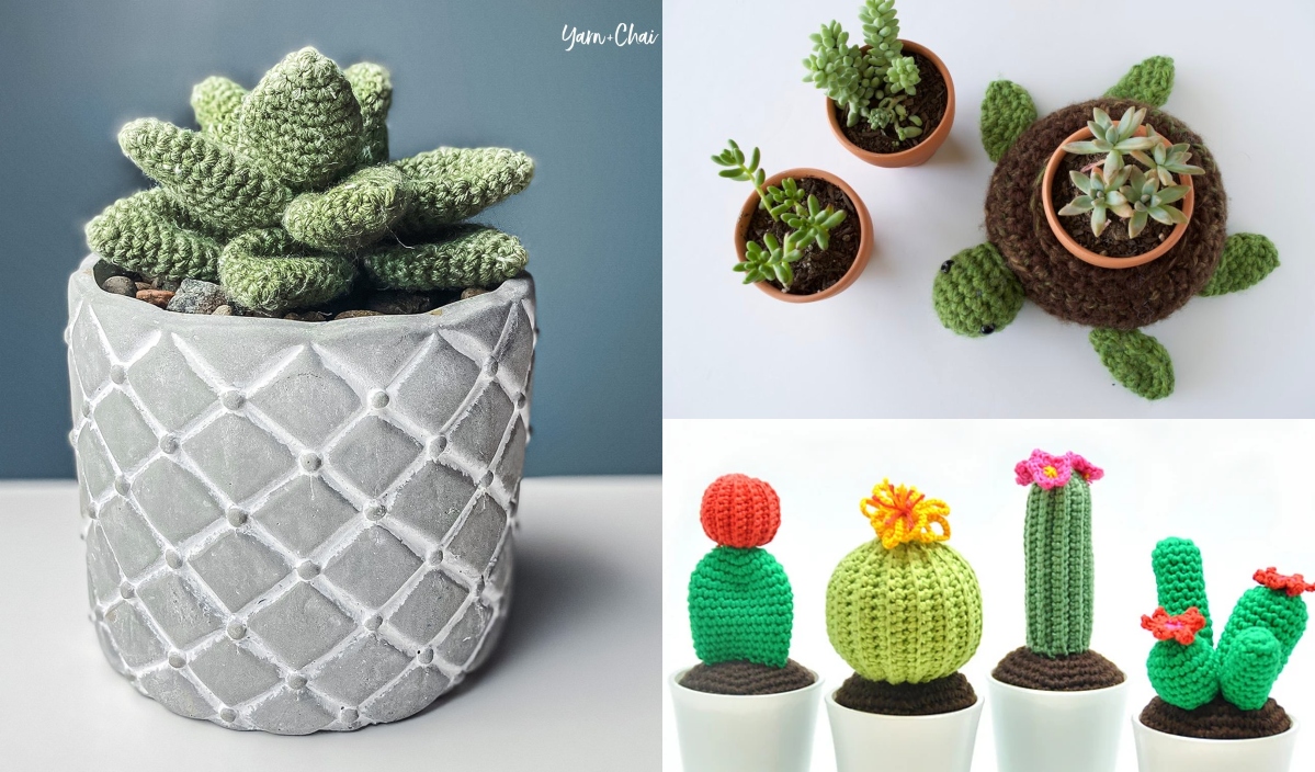 Discover succulent free crochet patterns that bring charm to your space with crochet plants in pots. Delight in a whimsical turtle-shaped arrangement adorned with succulents and explore various cacti designs, each blossoming with delightful flowers.