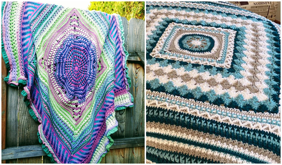 Two crochet blankets: a colorful oval mandala pattern draped over a wooden fence, and the other with geometric designs in teal, white, and gray tones. Both showcase unique crocheted rectangle blanket ideas perfect for adding warmth and style to any space.