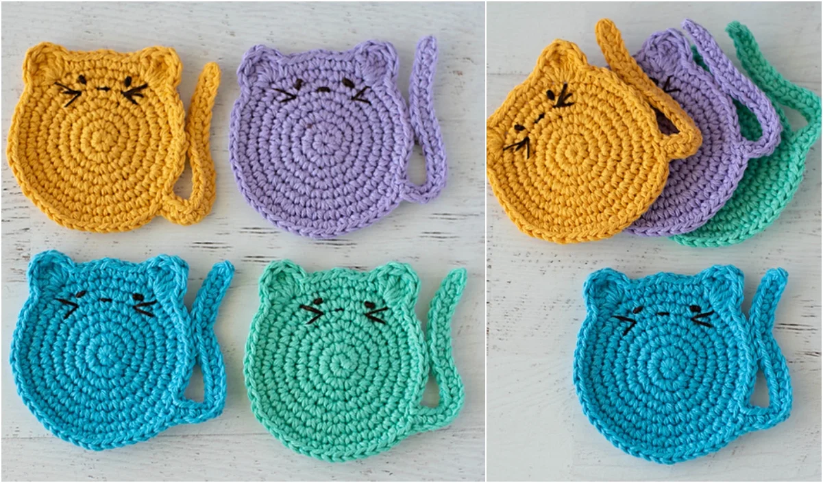 Four crochet coaster masterpieces shaped like cats in vibrant yellow, purple, blue, and teal, elegantly displayed on a crisp white surface.