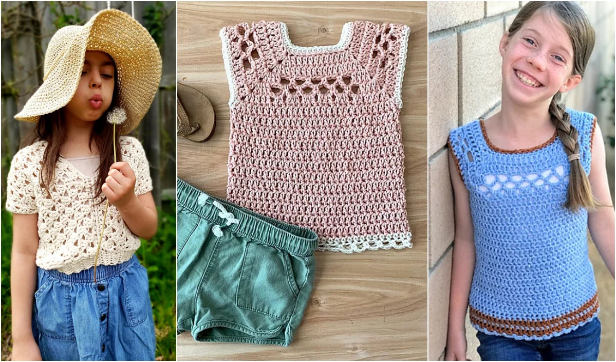 Three images: left shows a child in a crochet top and hat, middle displays two crochet tops with shorts featuring playful elephant patterns, right shows a child in a blue crochet top smiling.