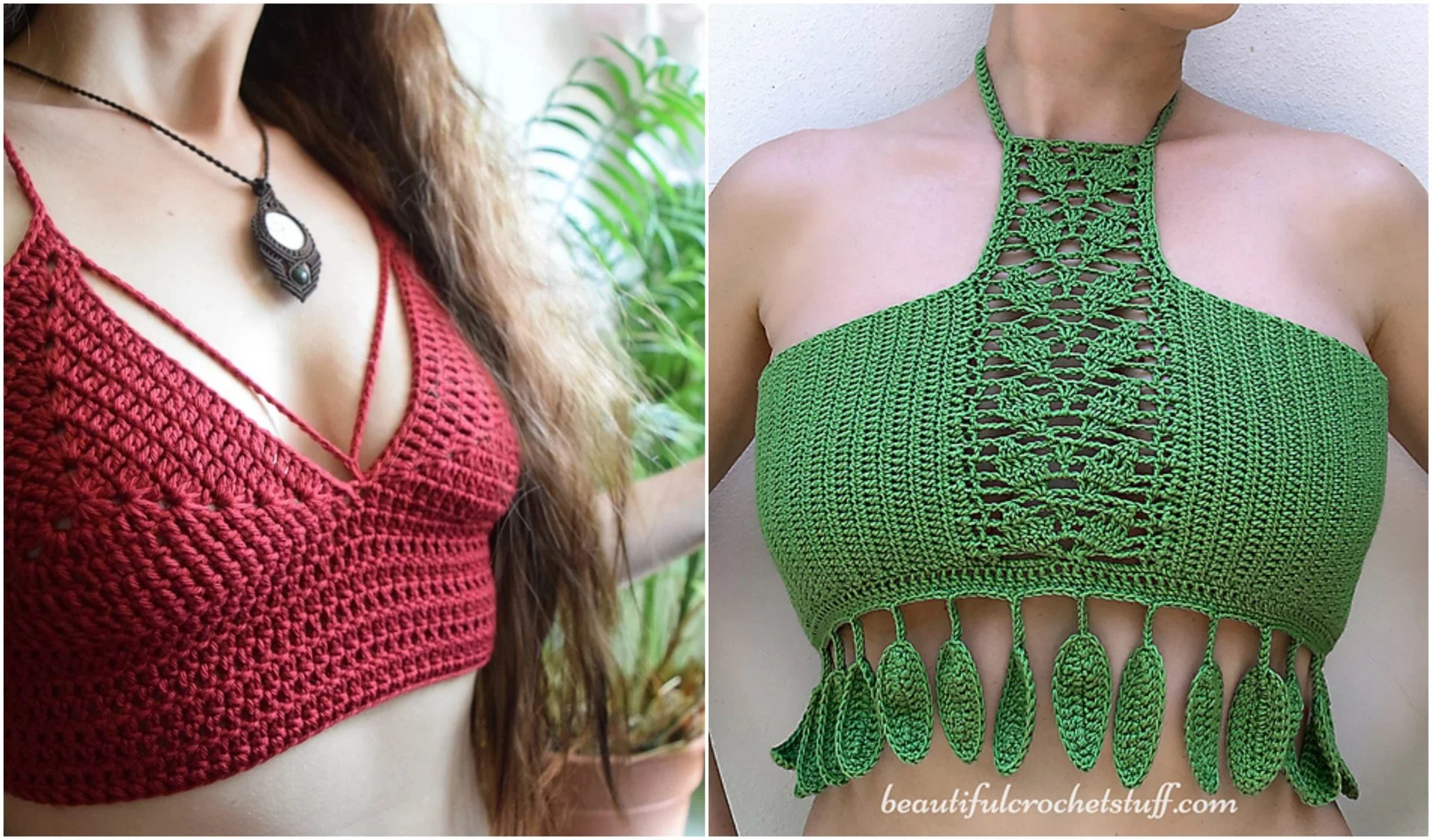 Two cropped images showcase crochet halter tops: one in red with a criss-cross design, the other in green featuring leaf-shaped fringes and a central lace pattern. Both styles are elegantly worn by a person.