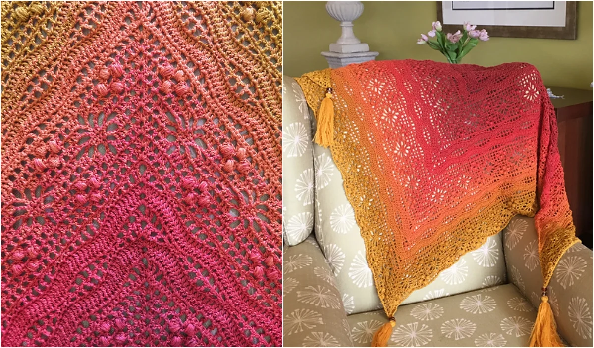 A multicolored crochet shawl with a stunning gradient from pink to orange, gracefully displayed folded over a patterned armchair. Perfect for those seeking inspiration, this piece embodies the beauty of unique crochet patterns.