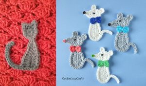 Mouse and Cat Applique: A crocheted gray cat on a vibrant red background pairs beautifully with four colorful crocheted mice, each adorned with bows, set against a soothing blue backdrop.