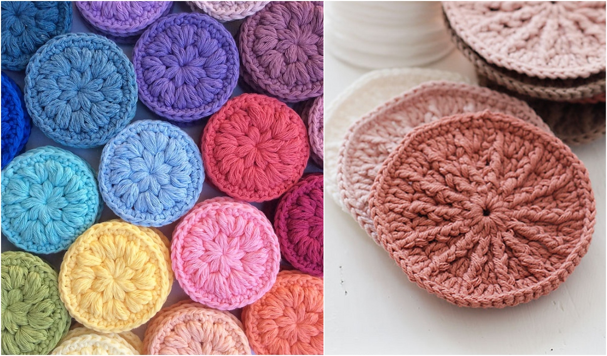 Colorful crocheted face scrubbies arranged in neat rows.