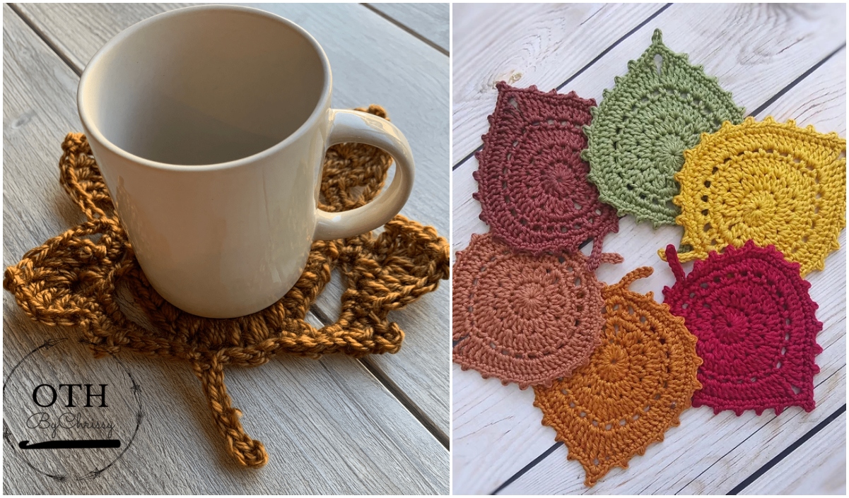 A white mug rests on a brown, crochet leaf coaster; to the right, six vibrant crochet leaf coasters in diverse shapes add a splash of color atop a wooden surface.