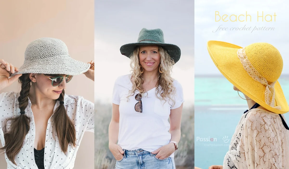 Three women wearing different hats: a gray sun hat, a green wide-brimmed hat, and a yellow sun hat. One flaunts a stylish crochet hat, adding flair to her casual outdoor look.