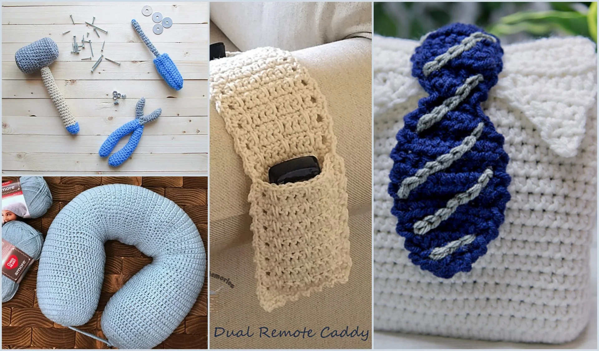 A collage of three crochet projects: a cozy U-shaped neck pillow, a remote caddy with a handy pocket, and an elegant pillow boasting a blue and gray pattern reminiscent of a crochet pocket shawl.