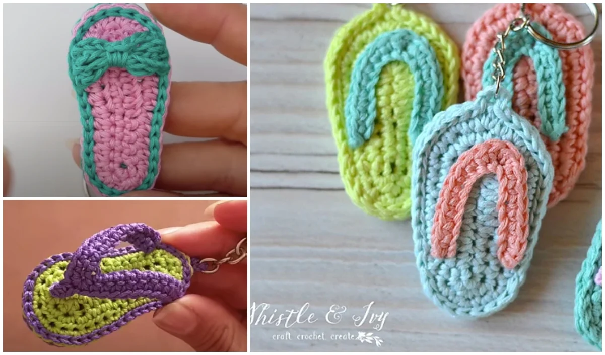 A vibrant collage features Crochet Flip Flop Keychains showcasing a rainbow of colors.