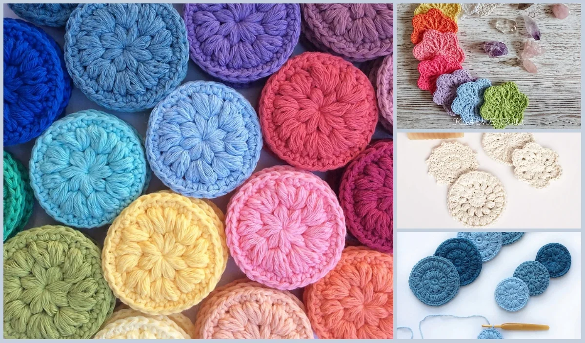 Colorful crochet circles arranged in a gradient, complemented by crocheted face scrubbies in various hues displayed on the right panels.