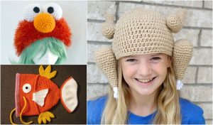 Three funny crochet hats: a red puppet with an orange nose, a whole roast turkey perched on a child's head, and an orange fish with fins and a white belly.