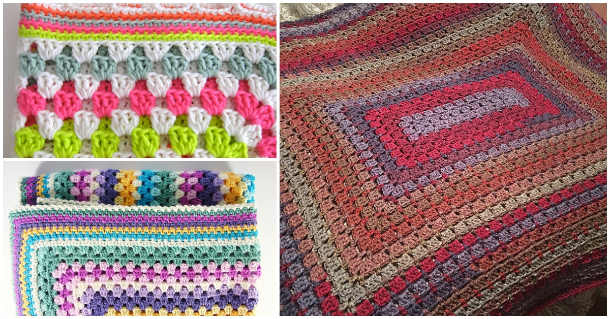 Discover crochet granny blanket ideas showcasing stunning geometric patterns and vibrant colors. Explore pink, green, and purple hues beautifully displayed in three captivating sections.