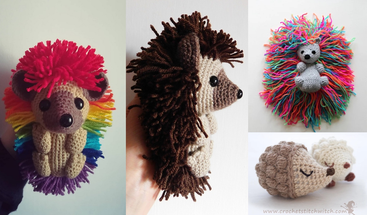 Four delightful crochet hedgehogs, crafted with varying yarn styles and colors like rainbow and natural tones, are showcased in playful poses against a plain background.