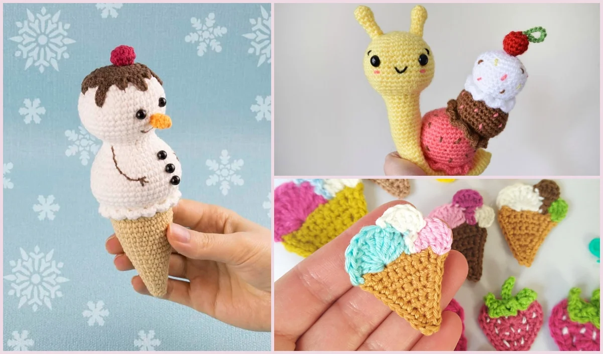 Crochet creations: a snowman ice cream cone, a snail holding crochet ice cream, and various colorful ice cream cones on display.