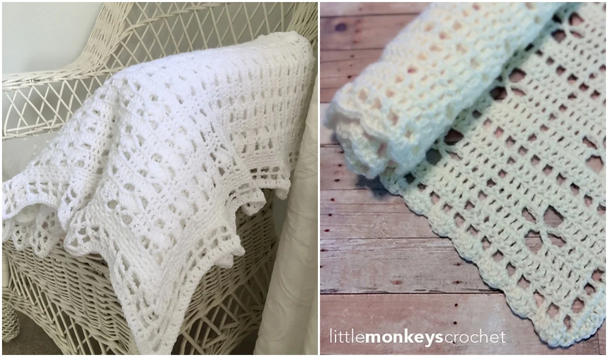 A white crocheted Easy Lace Baby Blanket drapes elegantly over a chair on the left, while a close-up on the right reveals its intricate pattern. Text: "littlemonkeyscrochet" adorns the bottom right corner.