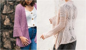 Two women wearing cozy cardigans; one in a purple design with bell sleeves, the other showcasing beige elegance with floral patterns and subtle crochet lace details.