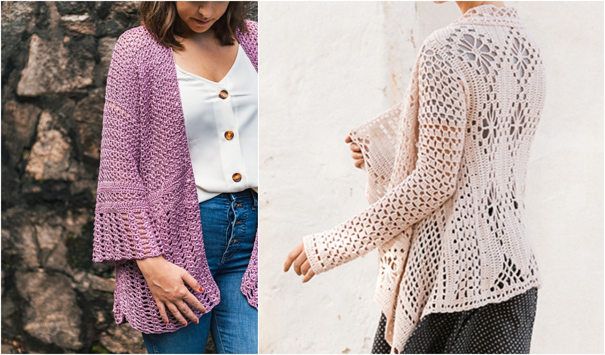 Two women wearing cozy cardigans; one in a purple design with bell sleeves, the other showcasing beige elegance with floral patterns and subtle crochet lace details.