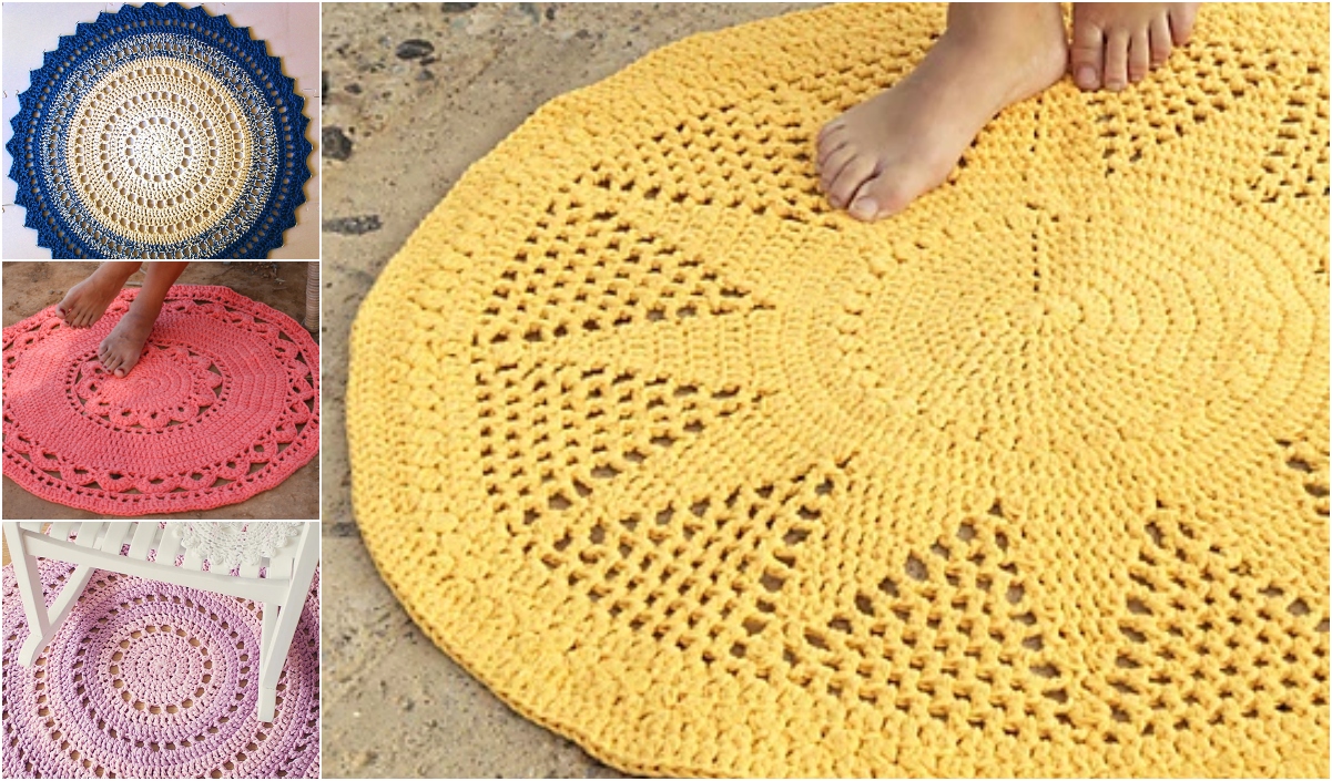 Crochet Mandala Rugs in vibrant blue, pink, purple, and yellow hues adorn the floor, with a pair of feet playfully resting on the cheerful yellow one.