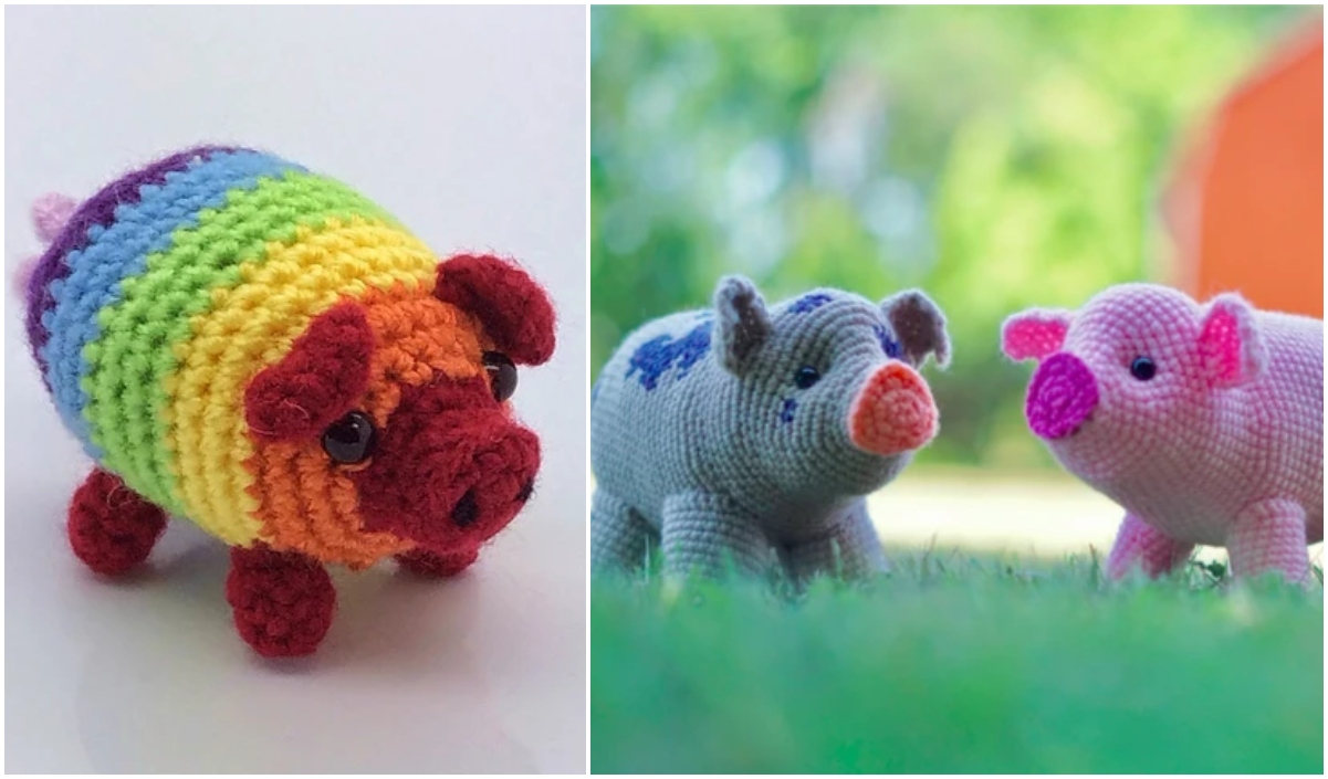 A colorful crocheted pig sits on the left; two more, one gray and one pink, stand on grass to the right. Discover these charming creations with our free piggy crochet patterns.