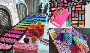 A vibrant mood blanket in progress: crochet squares in various colors spread across the table, accompanied by balls of yarn and a trusty crochet hook set.