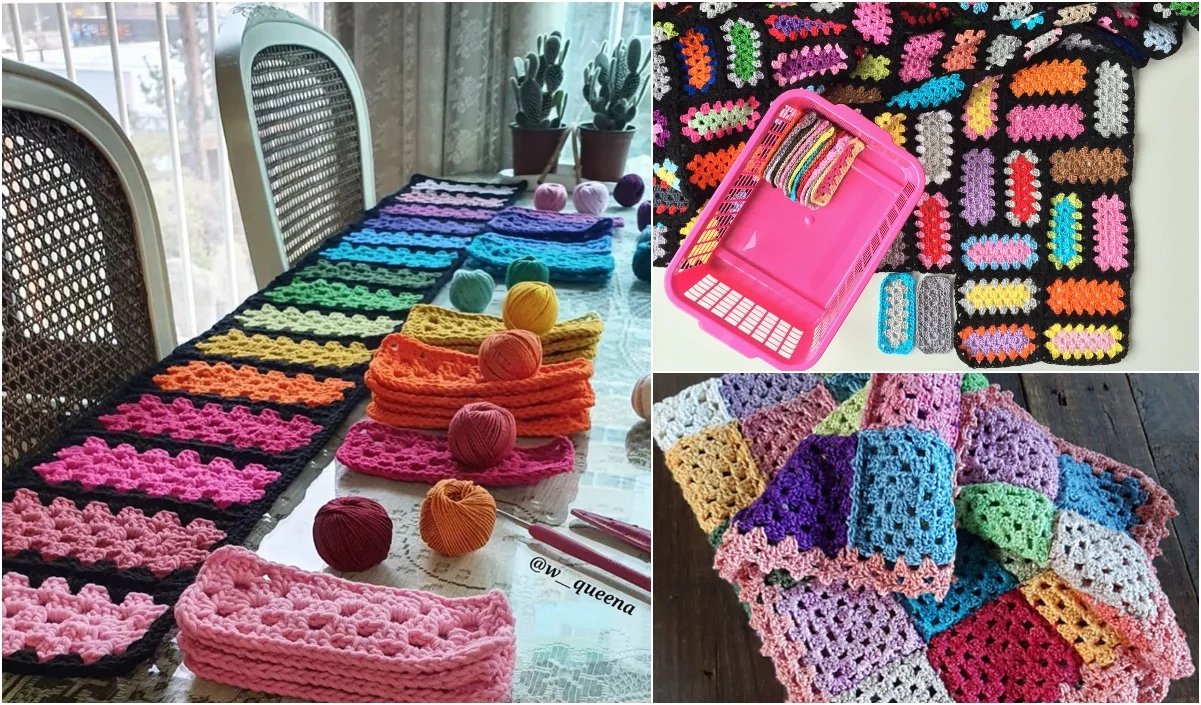 A vibrant mood blanket in progress: crochet squares in various colors spread across the table, accompanied by balls of yarn and a trusty crochet hook set.