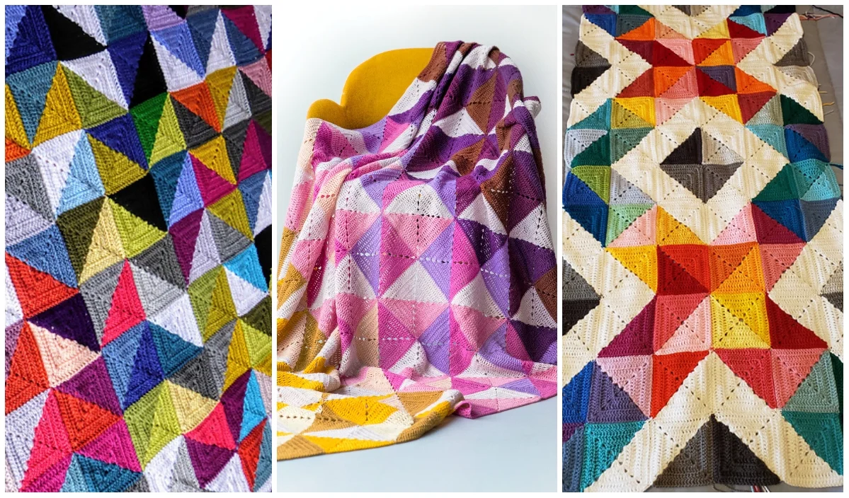 Three images of colorful geometric pattern quilts showcase creativity and design. Left: multicolored triangles; center: a triangle-based blanket with pink and purple triangles draped over a chair; right: diamond-shaped patterns in multicolored squares.