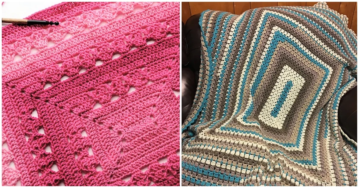 Two images: Left shows a detailed close-up of a pink crochet project in progress with a hook. Right displays a finished multicolored crocheted rectangle blanket draped over a chair, offering vibrant inspiration for blanket ideas.