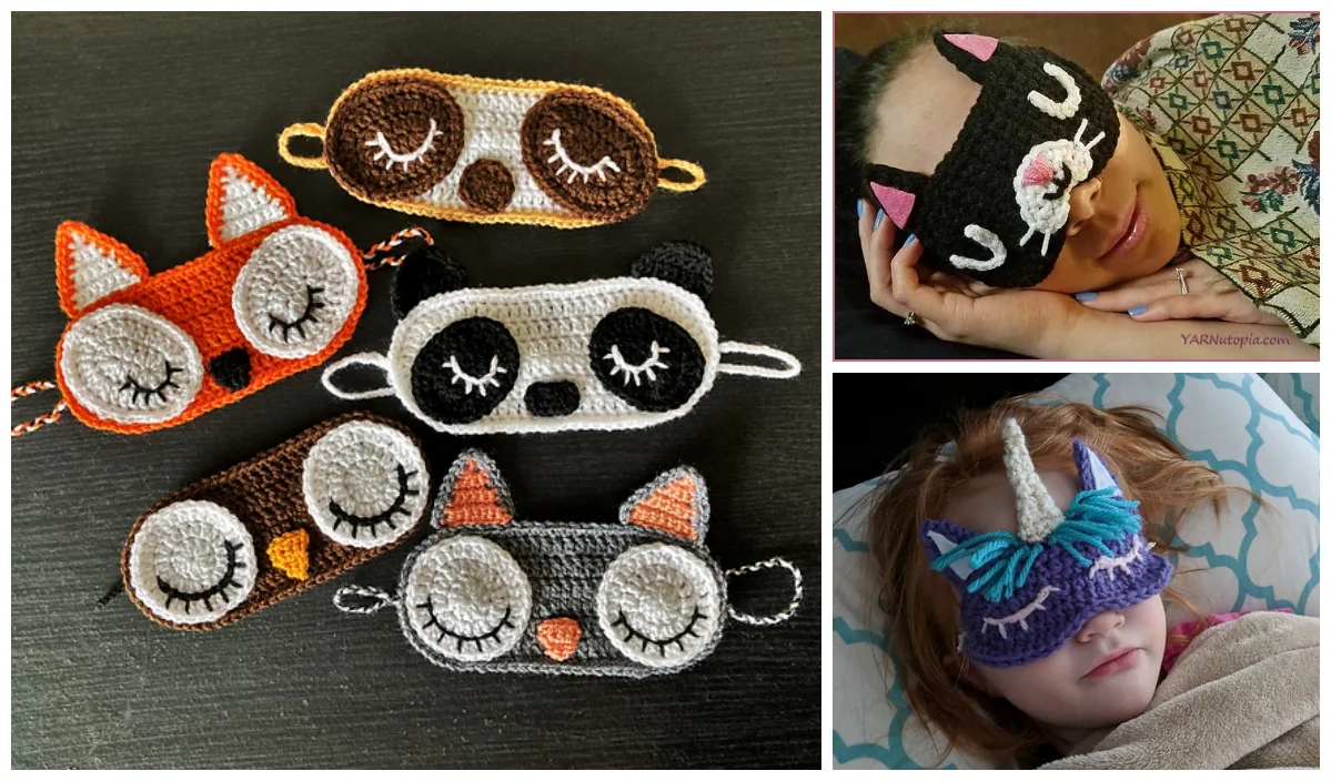 Explore our animal-themed sleep masks featuring charming crochet patterns with owl, fox, panda, and cat designs. See the playful photos of a person wearing the cat mask and a child in the unicorn mask. Perfect for adding some cute flair to your naptime routine!