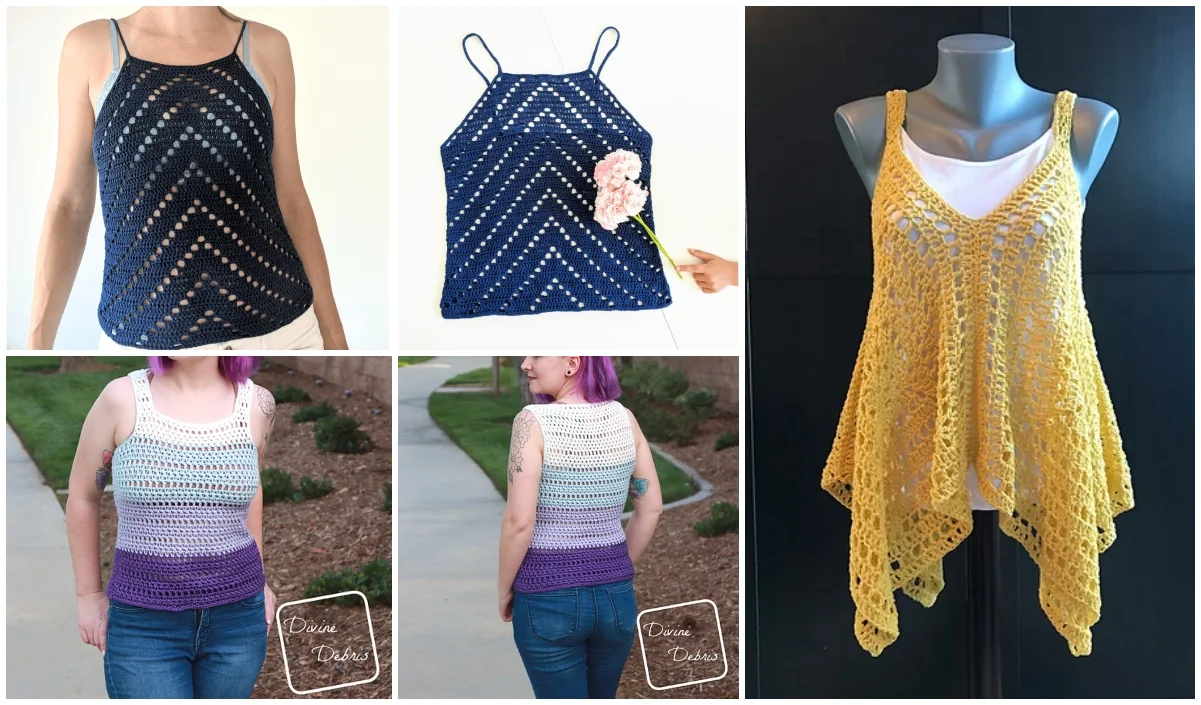 A collage of crochet summer tank tops features a navy chevron design, navy with flower details, a gradient tank, a striped pattern, and a yellow asymmetrical style elegantly draped on a mannequin.