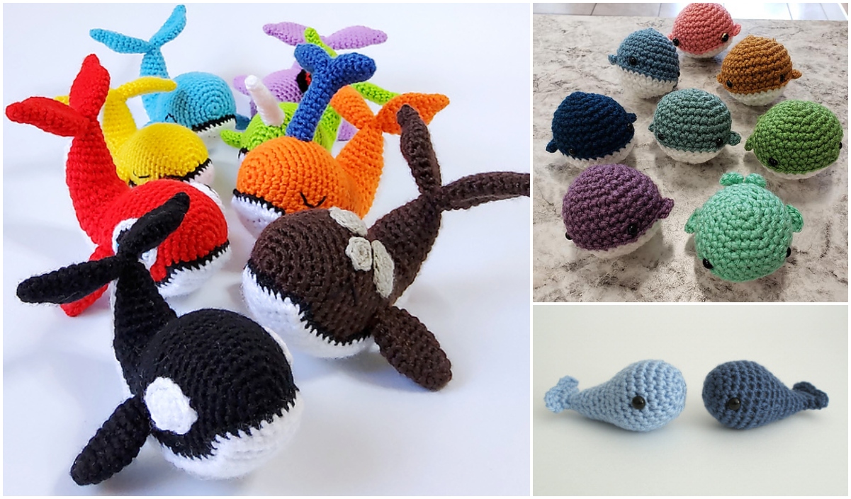 Displayed on the surface, tiny whale amigurumi in various colors join a delightful collection of crocheted sea creatures, including vibrant fish.