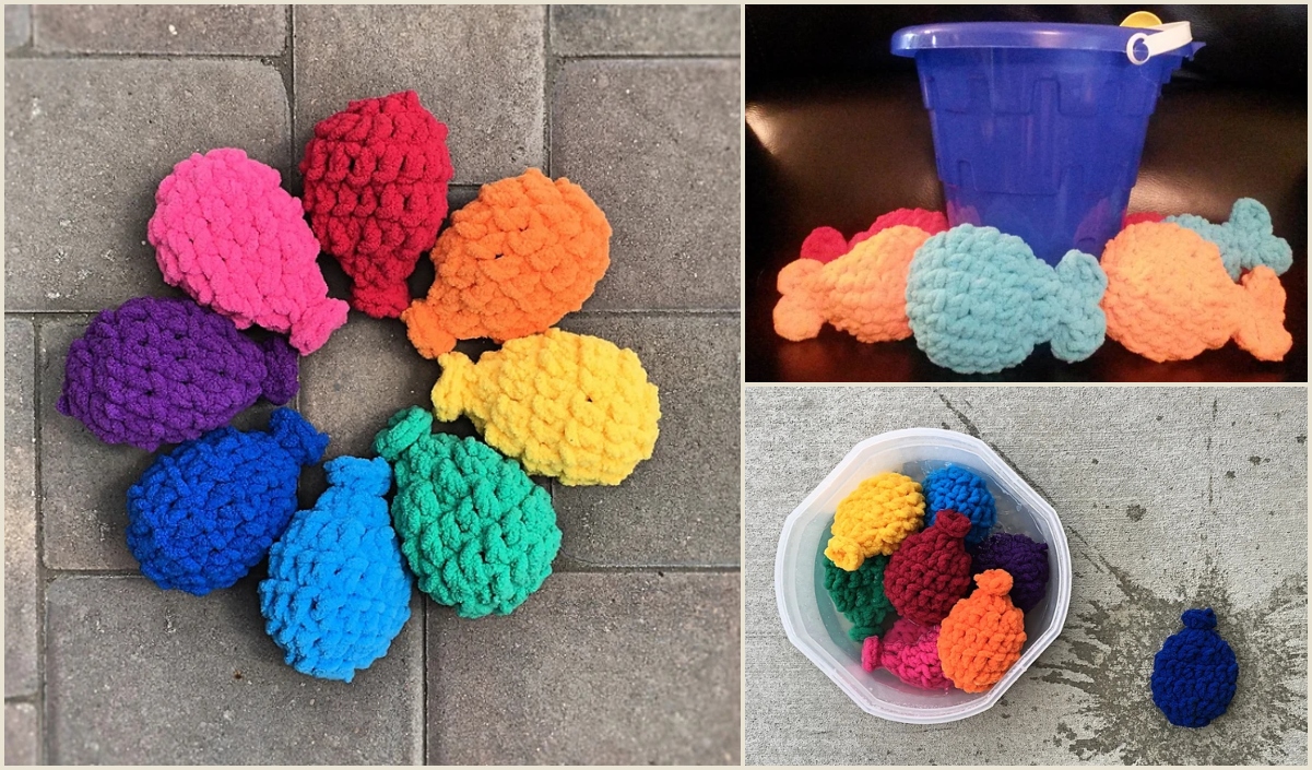 A vibrant display of colorful crocheted water balloons forms a circle on the left. To the top right rests a blue bucket brimming with more balloons, while a white container sits at the bottom right, all inspired by creative free patterns.